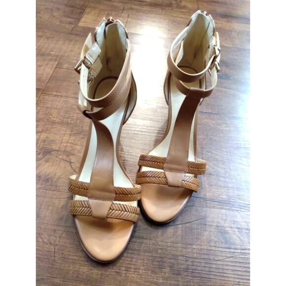 Nine West Tan Leather Strappy Sandal Cone Heel 8M - Picture 4 of 10